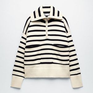 Zara striped zip up sweater with pockets